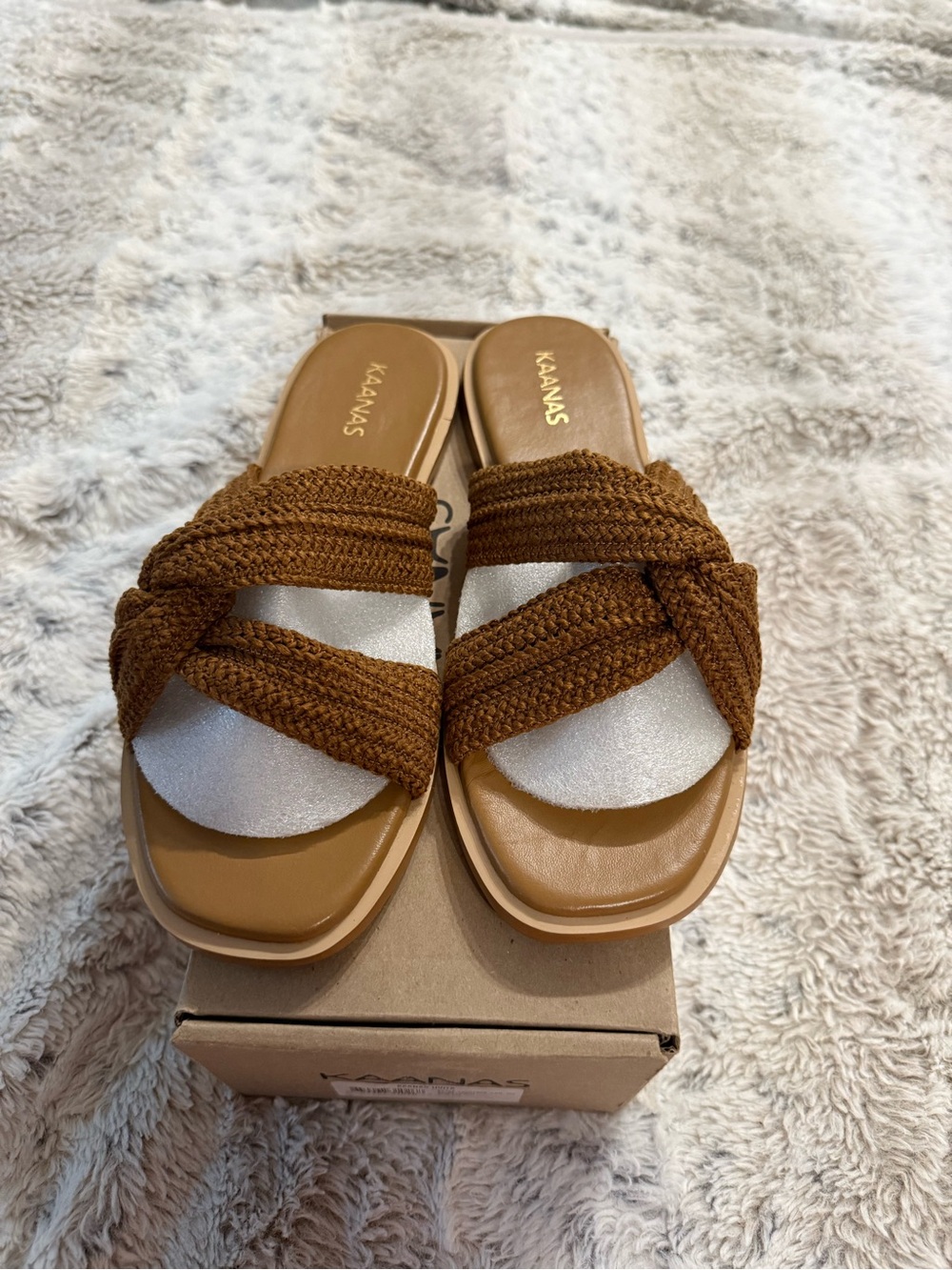 Kaanas Caramel Braided Slide Sandals with Cream Insole